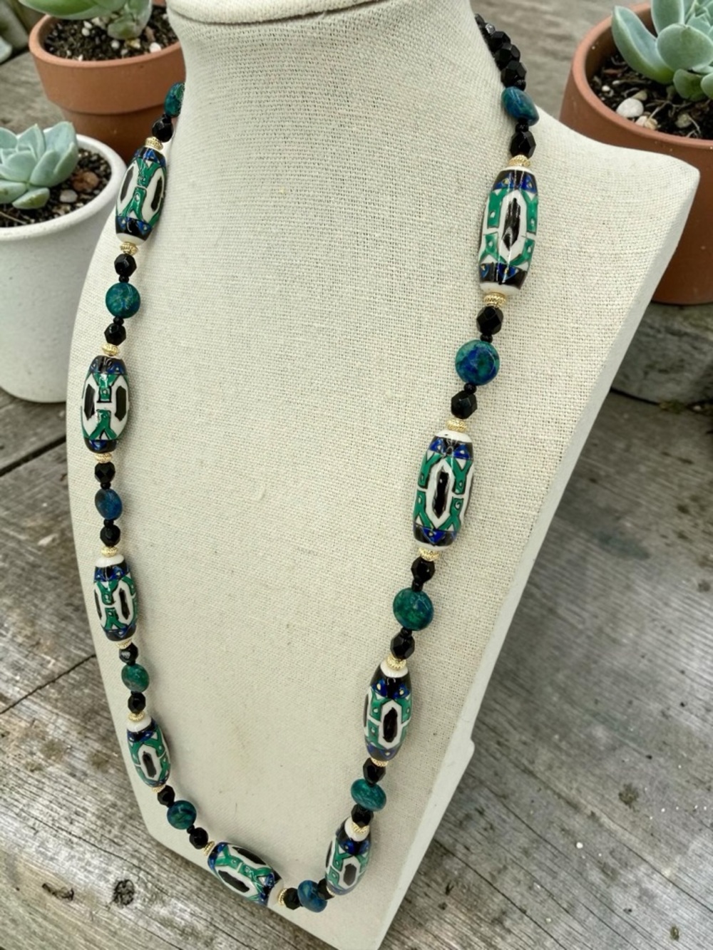 Handmade Ceramic Hand Painted with Chrysocolla Coin Spacers Necklace 24” Artisan